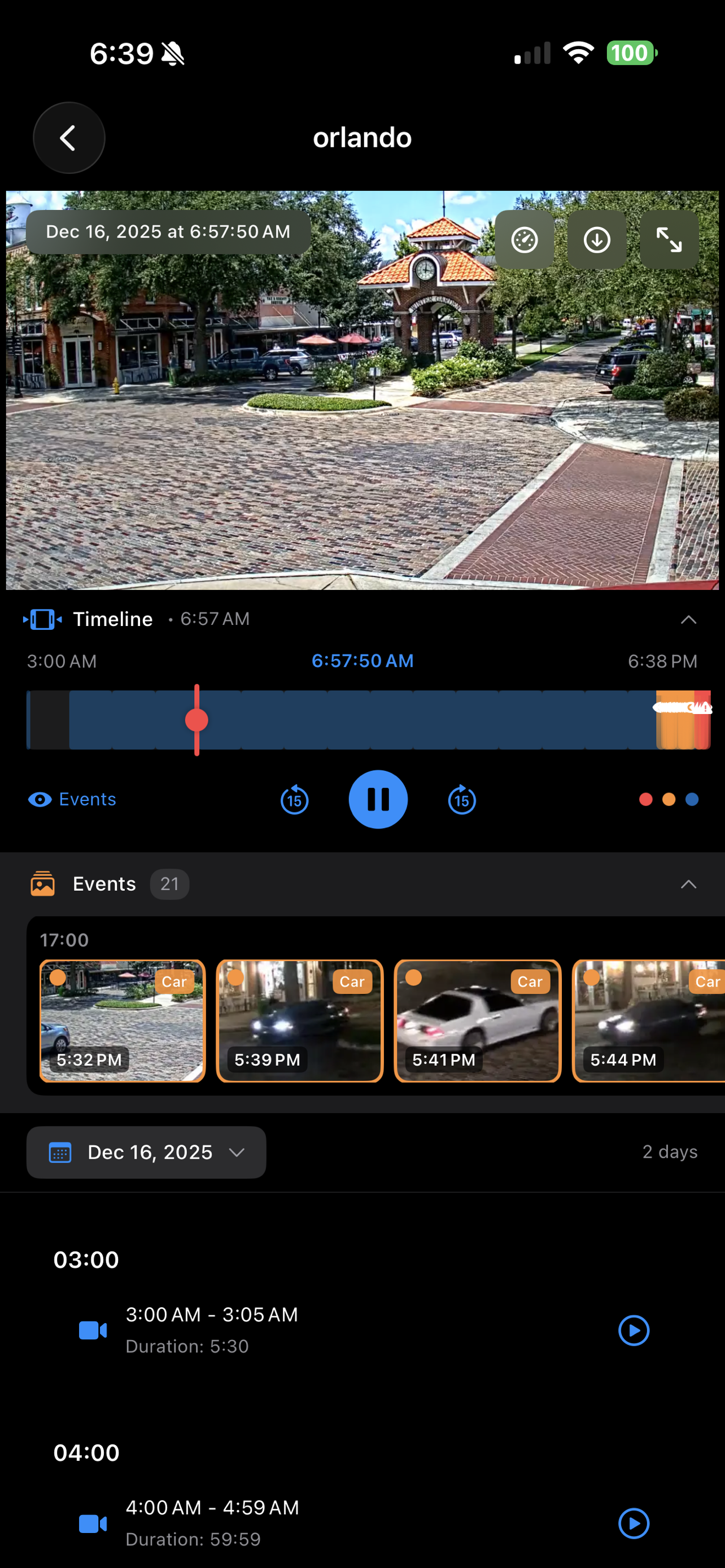 CrowsEye iPhone recording events timeline with AI detection markers