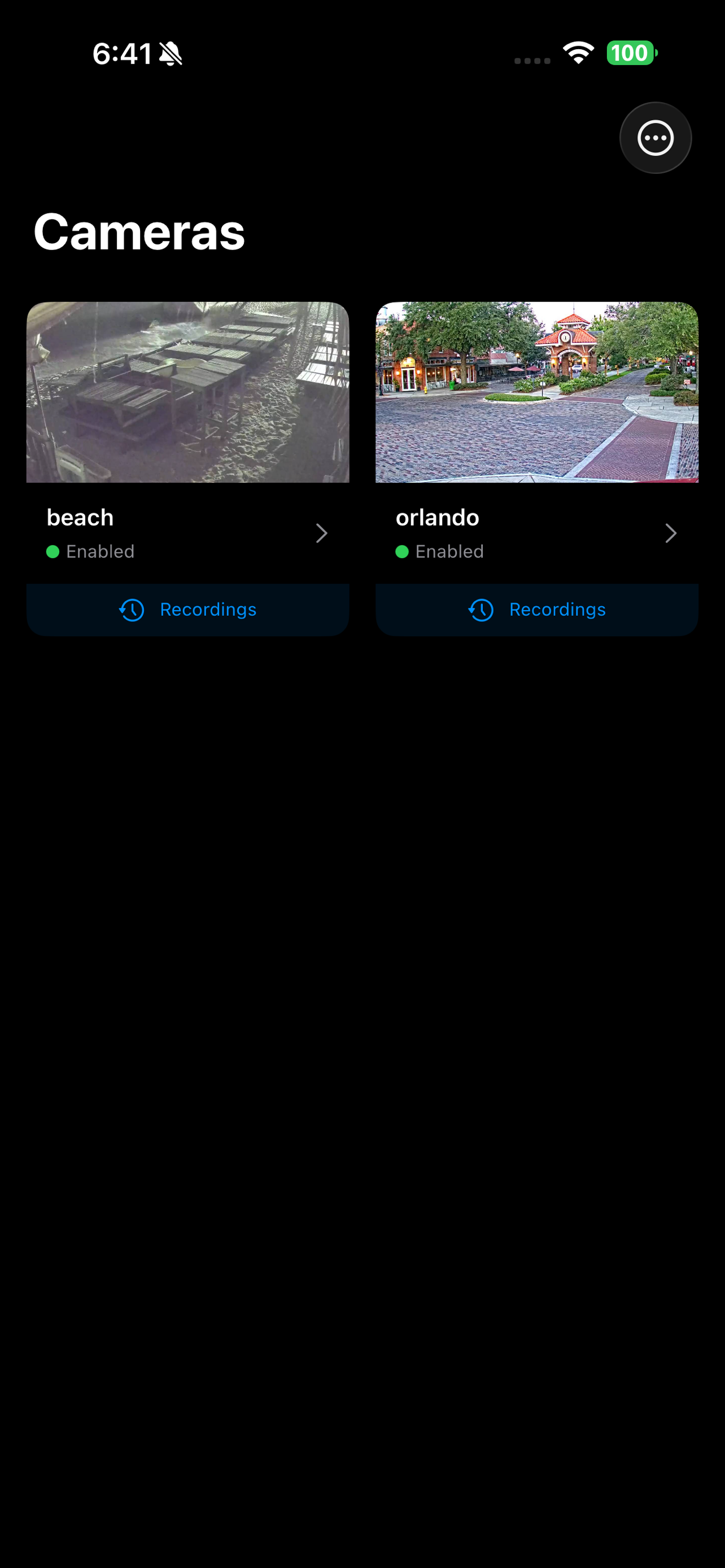 CrowsEye iPhone camera grid view showing multiple Frigate NVR cameras