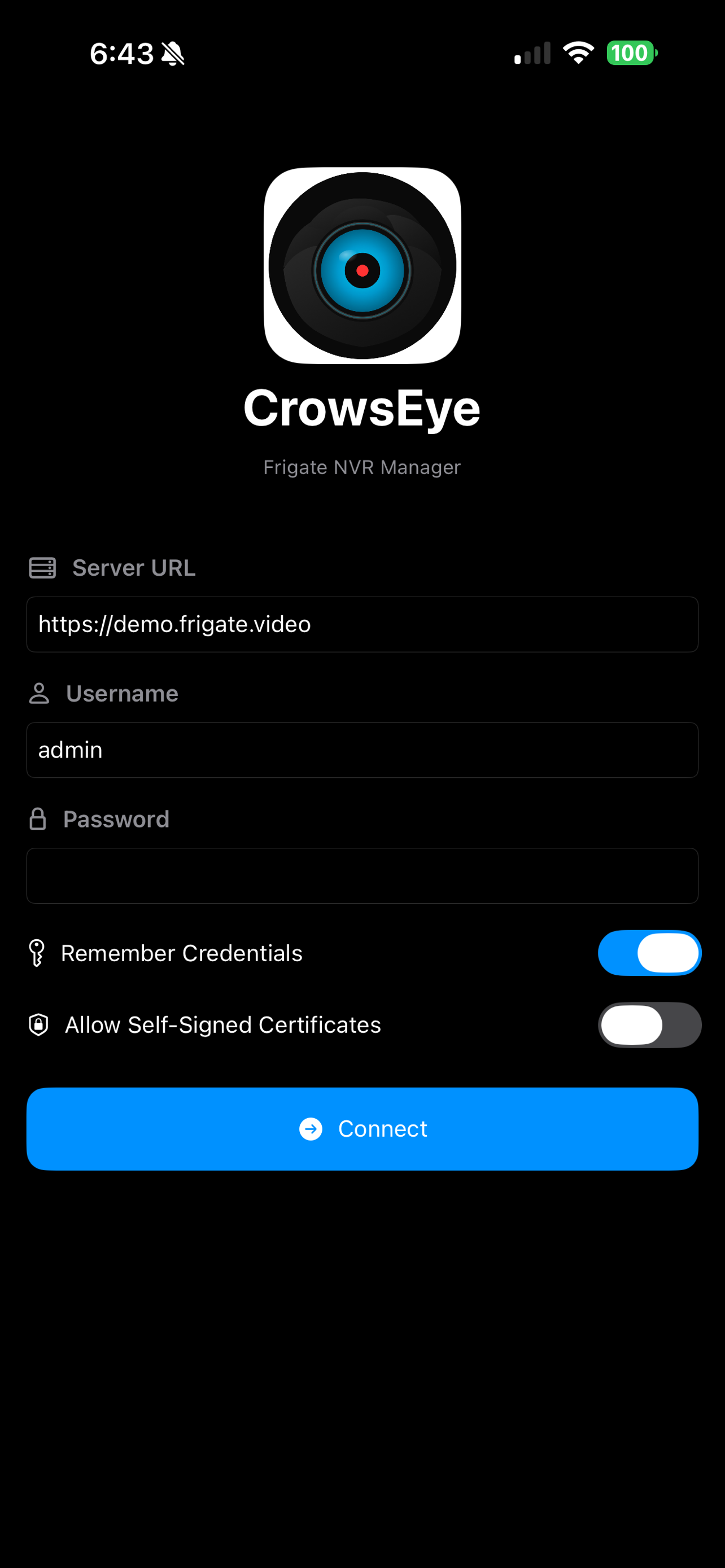 CrowsEye iPhone login screen for Frigate NVR connection