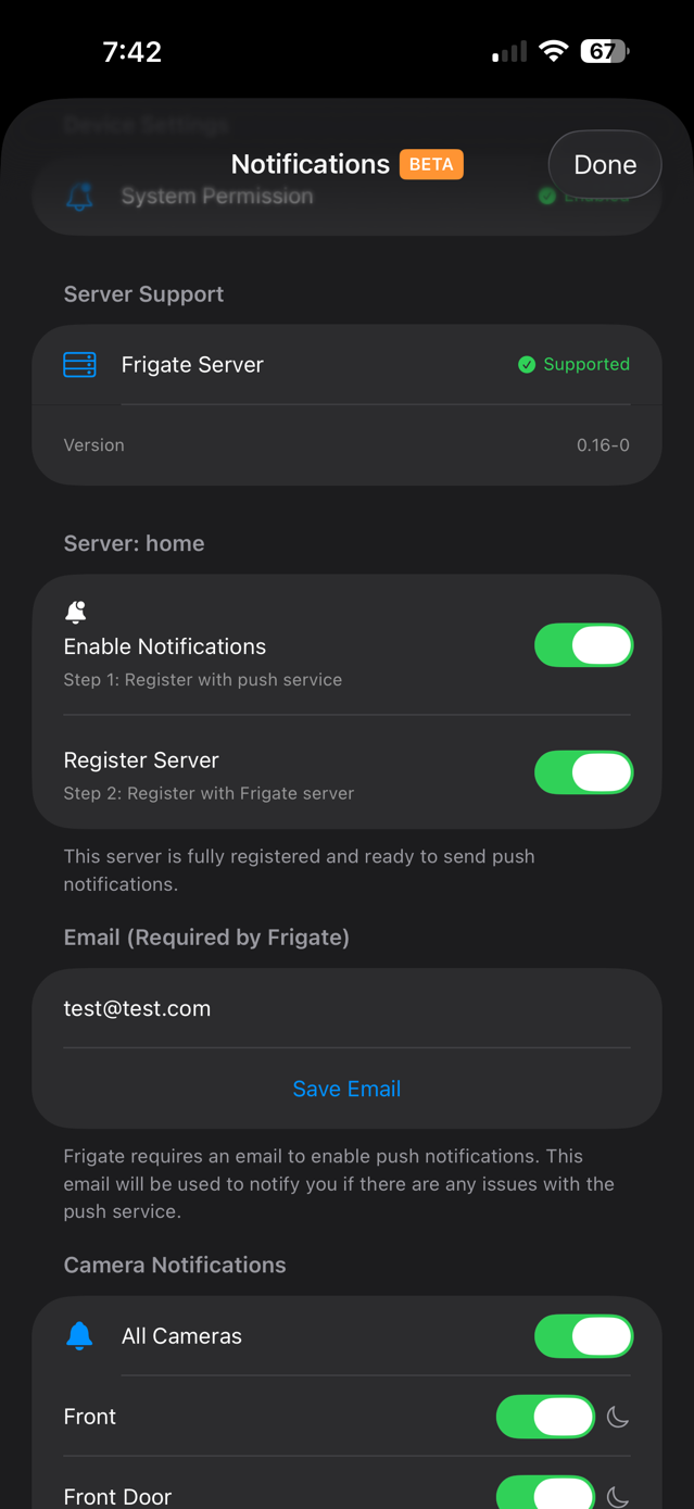 CrowsEye notification settings showing Enable Notifications and Register Server toggles